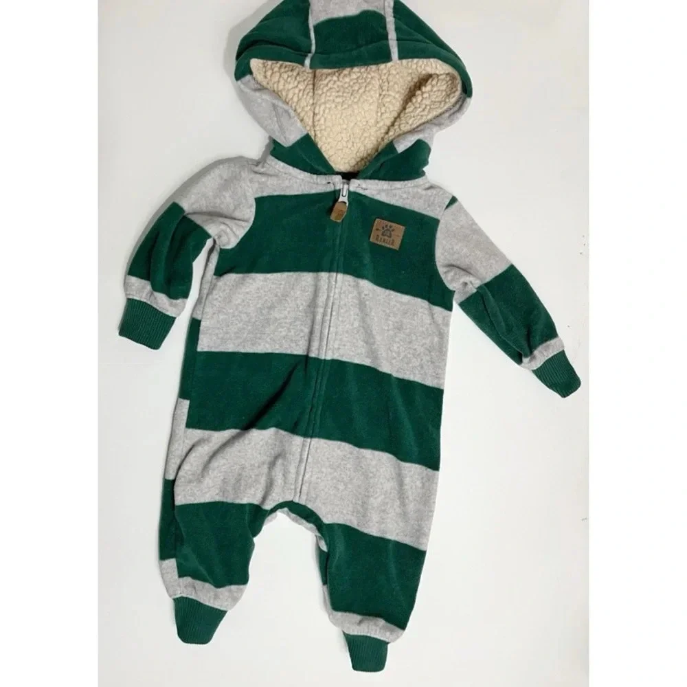 Carters • Dark Green Grey Striped Hooded Baby Fleece Footies